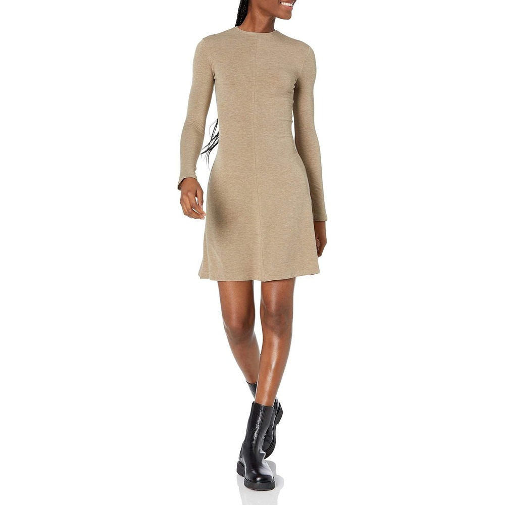 Vince Fit-&-Flare Crewneck Long Sleeve Tencel Knit Dress Tan Brown Small